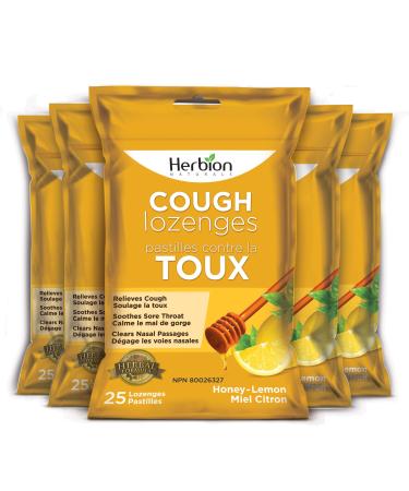 Herbion Naturals Cough Lozenges with Natural Honey Lemon Flavour 25 Lozenges - Relieves Cough Clears Nasal Congestion Soothes Sore Throat For Adults and Children 12 years and above (Pack of 5 125 Lozenges)