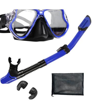 PIYAZI Snorkeling Gear for Adults, Anti-Leak Dry Top Snorkel Set Panoramic Wide View, Anti-Fog Tempered Glass Snorkel Gear with Ear Plug Travel Bag for Snorkeling Scuba Diving Swimming Travel Holidays Blue