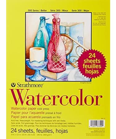 Strathmore 300 Series Watercolor Paper Pad, 9x12 inches, 24 Sheets (140lb/300g) - Artist Paper for Adults and Students - Watercolors, Mixed Media, Markers and Art Journaling 9x12 Sheet Pack Paper Pad