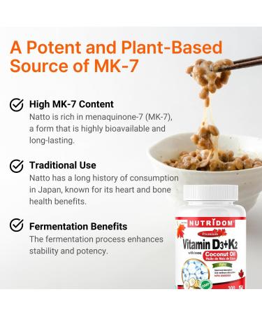 Nutridom Vitamin D3 + K2 1000IU/120MCG | MK-7 K2 with Cholecalciferol D3 in Coconut Oil | Helps Support Bones Teeth and Immune Function | Non-GMO Gluten-free and Dairy-free (300 Count) 300 count (Pack of 1) - Buy Online on SooperMarket.com