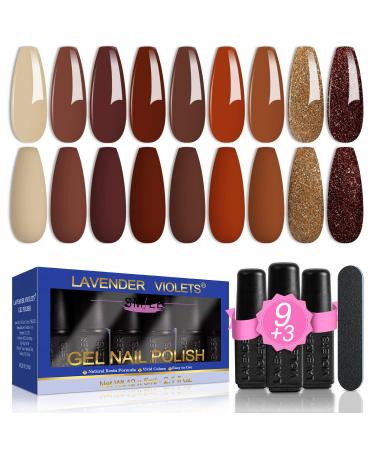 Lavender Violets 13 Pcs Gel Nail Polishes Versatile Earth Tone Glittery Ruby Red Shimmer Gold UV LED Soak Off With Base Coat Matte n No Wipe Top Coat Nail File Manicure Starter Kit C679 Earthly Elegance-679