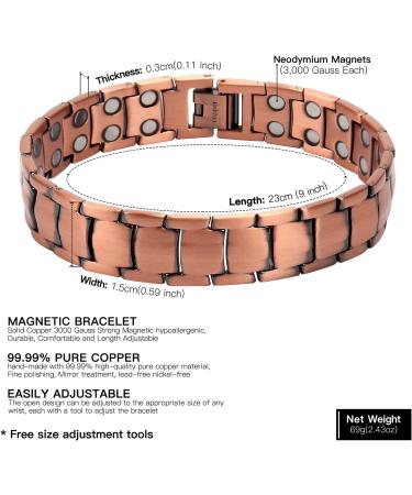 NORTH RING 99.9% Pure Copper Magnetic Bracelet - 3000 Gauss for Men - Adjustable Length & Double-Row Strong Magnets - Buy Online on SooperMarket.com
