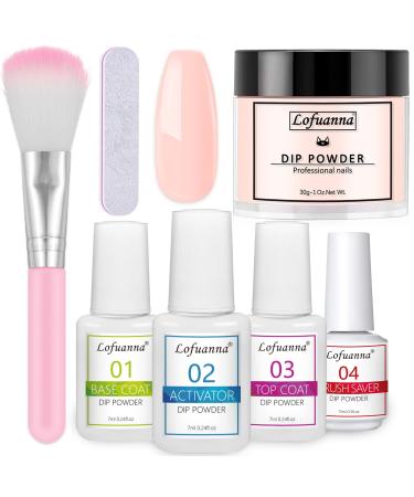 Lofuanna Dip Powder Nail Kit Starter-Nude Pink Nail Dipping Powder with Base&Top Coat&Activator&Brush Saver No UV/LED Needed DIY French Nail Art Manicure Easy to Apply for Home or Salon Use 012