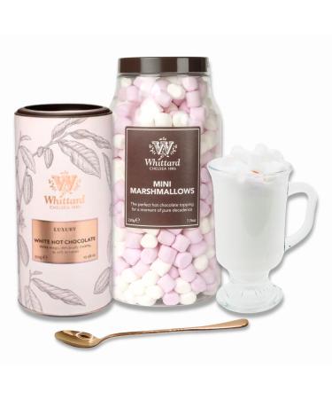 Whittard of Chelsea Luxury White Hot Chocolate Gift Set Bundle with Luxury White Hot Chocolate Mini Marshmallows & Glass Mug with Rose Gold Spoon Hot Chocolate Gifts for Her/Him