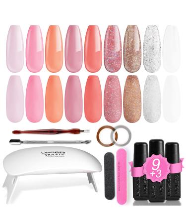 Lavender Violets 19 Pcs Gel Polishes Holidays Gift Set With Portable LED Nail Lamp Dryer Soak Off UV Base Matte n No Wipe Top Coat Nail File Golden Sliver Sticker Manicure Tools R960A Wedding Flora-960A