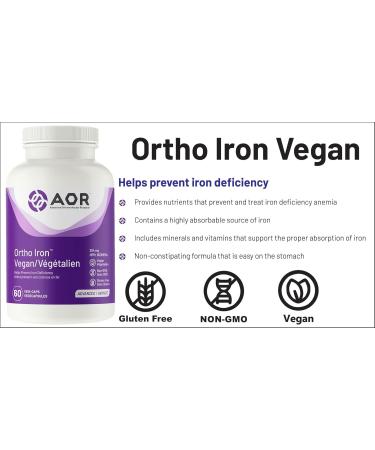 AOR - Ortho Iron Vegan 264mg 60 Capsules - Iron Deficiency Supplement - Healthy Red Blood Cell Supplement - Iron Supplement for Men and Women - Superior Absorption & Gastric Tolerability 60 count (Pack of 1) 264 mg - Buy Online on SooperMarket.com