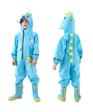 Fewlby Kids Puddle Suit Rain Suit Boys Girls All in One Waterproof Overalls Toddler Muddy Suit Hooded Raincoat Rainwear Cartoon Romper S Size 1-2 Years S/1-2 Years Blue