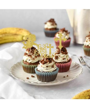 Rsstarxi 24 Pack God Bless and Cross Cupcake Toppers Glitter Angel Christening Babyshower Girl Baptism Cupcake Picks Decorations for First Communion Baptism Party Cake Decorations Gold - Buy Online on SooperMarket.com