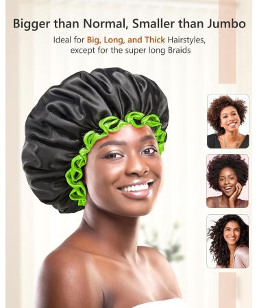 Mikimini Extra Large Black Shower Hoods (2-Pack) - Waterproof Reusable Hair Caps for Men & Women with Bright Green Border - Thick Braids & Double-Layer Design - Buy Online on SooperMarket.com