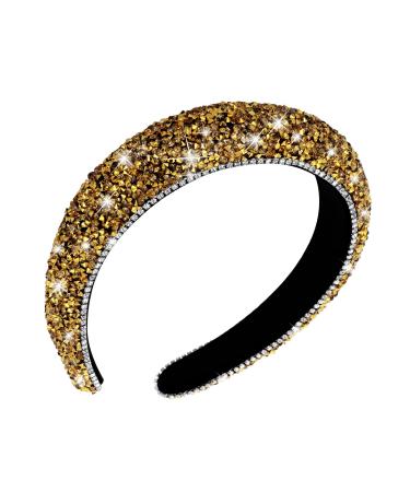 WLLHYF Headband Rhinestone Jeweled Wedding Bridal Wide Band Hairband Beaded Sparkly Faux Crystal Diamond Headpiece Glitter Sequin Bling Easter Day Party Holiday Hair Accessory Women (Golden) Thick Style Golden