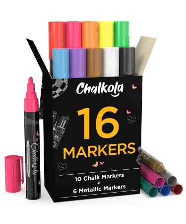 Chalkola Liquid Chalk Markers & Metallic Colors Pack of 16 Chalk Pens - for Chalkboard, Blackboards, Window, Glass, Bistro | 6mm Reversible Bullet & Chisel Tip Erasable Ink