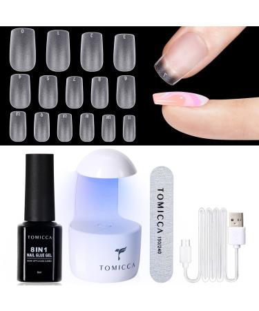 Tomicca nail tips and glue gel kit gel nail x extension set nail tips and glue gel nail kit 8 in 1 nail glue 240pcs soft gel full cover nail tips nail extension uv lamp-short square 2nd-square short