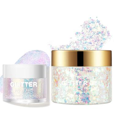 LemonSac Holographic Body Glitter Gel for Body  Face  Hair and Lip Glitter Makeup. Color Changing Glitter Gel Under Light with a Non Color Changing Glitter Gel (2 Sparkling Pink+Pearl White)