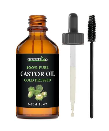 GreenIVe Castor Oil Organically Grown 100% Pure 4oz Glass Bottle Cold Pressed, Hexane Free, Eyelash and Eybrow Growth Serum, Skin Moisturizer with Eyelash Applicator and Dropper