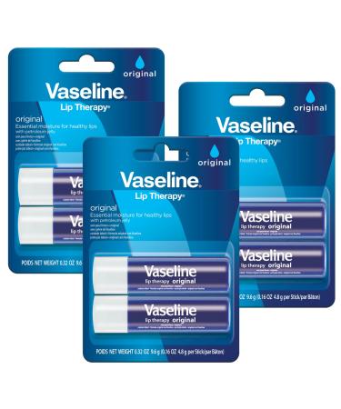 Vaseline Lip Therapy Care Original Fast-Acting Nourishment Ideal for Chapped Dry Cracked or Damaged Lips Lip Balm 3-Pack of 2 0.16 Oz Each 6 Lip Balms Unflavored 0.16 Ounce (3 x Pack of 2)