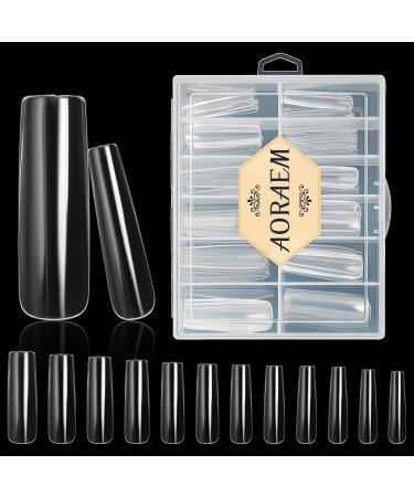 AORAEM XL Lady French Acrylic False Nail Tip 120Pcs Clear Full Cover Extra Long Square Pess on Atificial Fake Nail for Women (Clear)