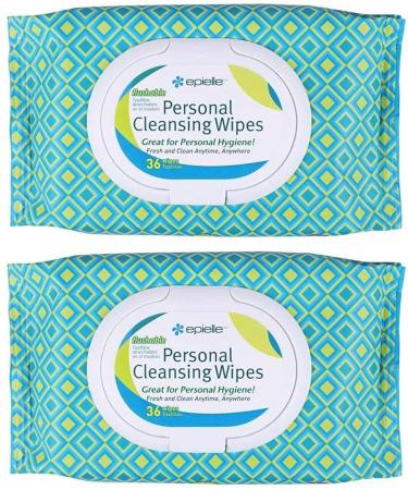 Epielle Personal Cleansing Wipes with Natural Ingredients - Flushable Wet Wipe Tissues Towelettes Travel Size, Daily Use, Gentle - 36ct (Sheets) per pack, Total 2 packs Toilet Paper Replacement 36ct Wipes (2pk)