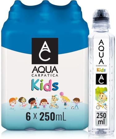 AQUA Carpatica Kids 250ml x 6 - Pure Natural Still Mineral Water for Children with Spill-Proof Sippy Cap Virtually Nitrate-Free Low Sodium Naturally Alkaline Perfect for Lunchboxes 100% Recyclable Original 250ml