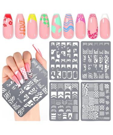 Saviland Nail Art Stamper Plates: 4PCS French Nail Stamping Plates French Line Nail Stamp Templates Plaid Wave Stripes Patterns Nail Stencils Plate Reusable Stainless Steel Nail Tools