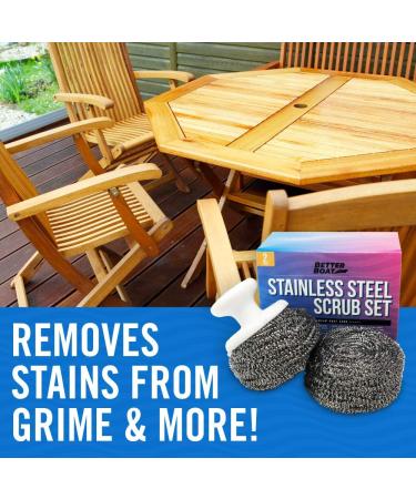 Marine Grade Stainless Steel Scrubber Set with Brush Handle - Heavy Duty Cleaning Supplies for Kitchen, Dishes, Teak Wood Furniture, and Metal Surfaces - Buy Online on SooperMarket.com