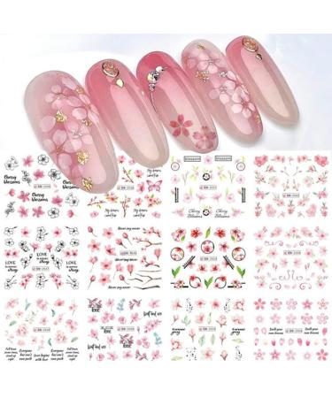 12PCS Sakura Nail Sticker Decals Cherry Blossom Leaf Transfer Foil for Nail Art Decoration Supplies Spring Nail Art Water Slider Accessory Watermark Floral Letter Design Slider Manicure Kit for Women Nail-sakura