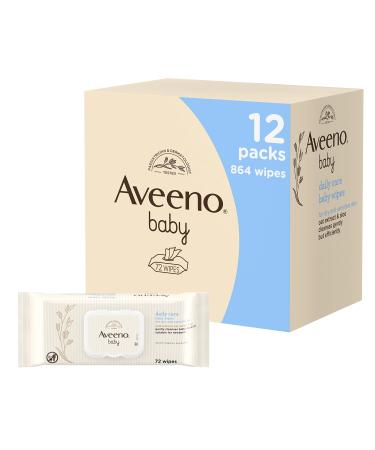 AVEENO Baby Daily Care Wipes - Cleanse Gently and Efficiently - Baby Wipes - Baby Essentials - 72 Wipes, Lid On Each Pack, Pack of 12 (864 Wipes in Total) 72 Count (Pack of 12)