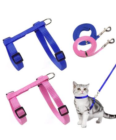 2 pieces of adjustable nylon whirring cat leash blue pink harness cat leash kitten neck band soft cat dishes with leash for kitten puppy pink+blue