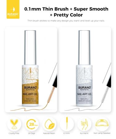 BURANO Gel Nail Polish Liner - Silver & Gold Nail Art - 8ml with Thin Brush - Glitter Curing Required - Buy Online on SooperMarket.com