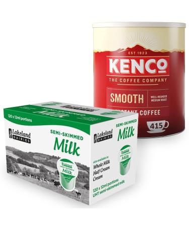 Kenco Smooth Instant Coffee 1x750g and 120x12ml Lakeland Semi Skimmed Milk Pots Bundle