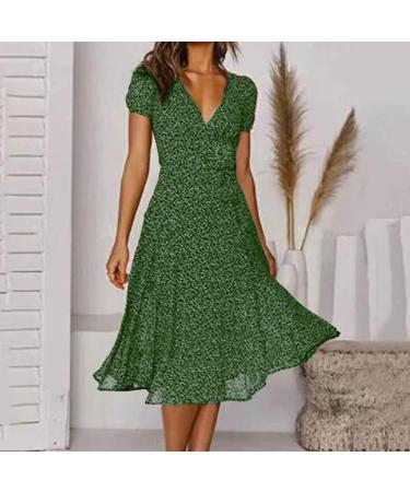 Women's Green Floral Wrap Midi Dress - Boho Summer Beach A-Line Smocked Dress - Buy Online on SooperMarket.com