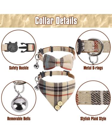 Classic Plaid Bow Tie Cat Collar with Bell - 2 Pack Adjustable Collars for Cats and Small Dogs - Beige Plaid Design - Buy Online on SooperMarket.com
