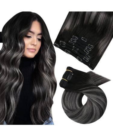 Moresoo Clip in Human Hair Extensions Balayage Human Hair Clip in Extensions Black and Silver Clip in Hair Extensions Ombre 24 Inch 7 Pieces/120g #1B/Silver/1B 60 cm #1B/Silver/1B