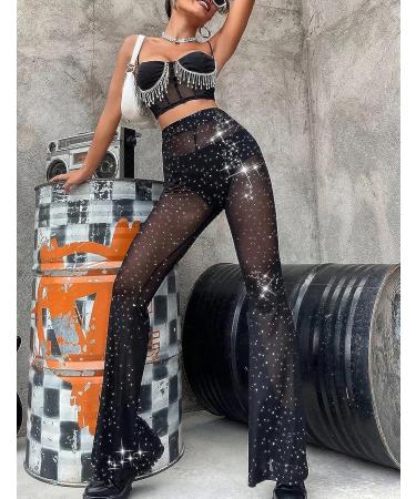 Anlaey Rave Mesh Sheer Dance Pants - Sequin Flared Bell Bottom - High Waist Clubwear for Women (Black, Small) - Buy Online on SooperMarket.com