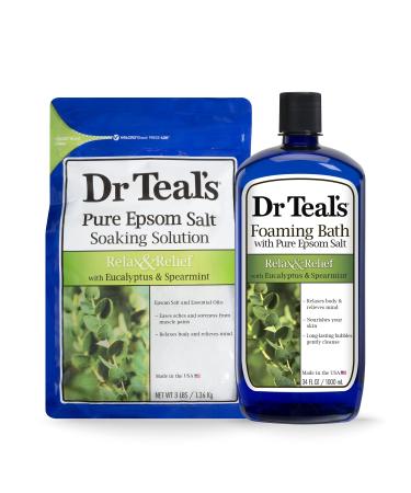 Dr Teal's Epsom Salt Soaking Solution and Foaming Bath with Pure Epsom Salt, Eucalyptus 3 Pound Bags, and 34 Ounce Bottle Eucalyptus Combo