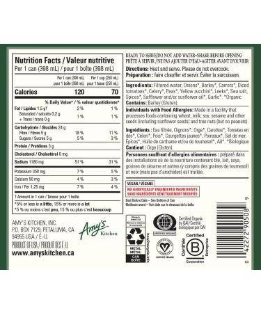 Amy s Kitchen Organic Vegetable Barley Soup Soup Dairy-Free Lactose-Free Soy-Free Corn-Free Tree Nut-Free Vegan Kosher Plant-based 12-pack (398ml per can) - Buy Online on SooperMarket.com