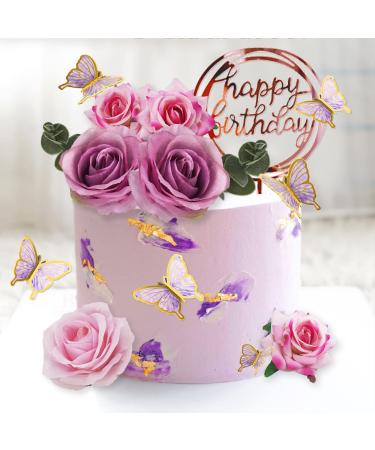 19 PCS Flower Cake Toppers Butterfly Cake Decorations Happy Birthday Cake Toppers with Artificial Purple and Pink Rose Flowers Eucalyptus Butterflies Wedding Baby Shower Supplies (Purple)