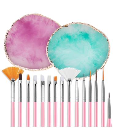 17 in 1 Nail Art Brushes Palette Nail Art Tools, 15 Nail Brushes 2 Resin Nail Painting Mixed Color Palette Nail Supplies for Nail Art Home Salon (Purple and Green)