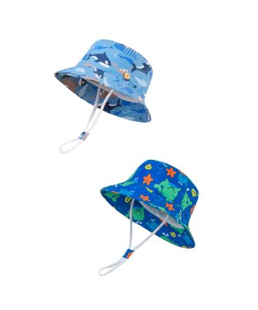 LANGZHEN Beach Sun Protection Hat for Baby Girls Adjustable Toddler Kids Hat Wide Brim Summer Play Hat with Chin Strap whale+fish school 6-12 Months