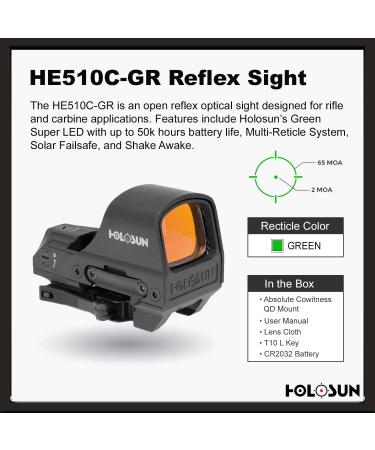 Holosun HE510C-GR Open Reflex Optical Sight | Super Green LED | 2 MOA Dot 65 MOA Circle - Buy Online on SooperMarket.com