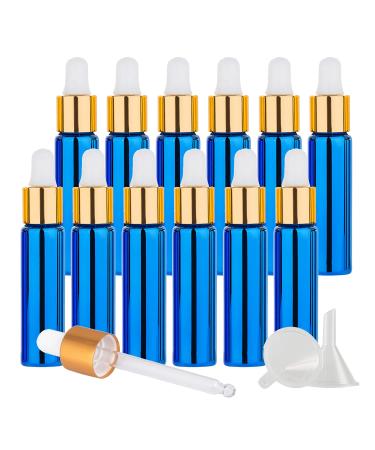 Tianzd 12 pieces 10 ml of empty chrome blue drip bottle Pipette bottles with glass pipette 10 ml of glass bottle with a drip pipette with gold screw cap for essential oils perfume oils blue 10 ml
