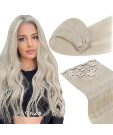 LAAVOO Platinblond Clip Extensions Real hair smooth 40cm clip in blond real hair Extensions full of head 7PCs/105g Double Tressen clip hair extension remy real hair platinum blonde 40cm-105g 2.3#60