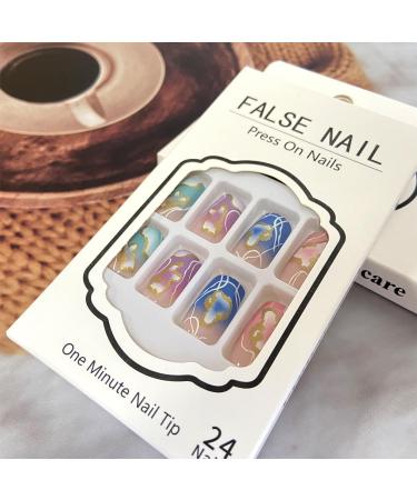 Colorful Press on Nails - 24Pcs Medium Length Glossy Fake Nails with Gold Foil & White Gradient | Reusable Acrylic Stick on Nails for Women - Buy Online on SooperMarket.com