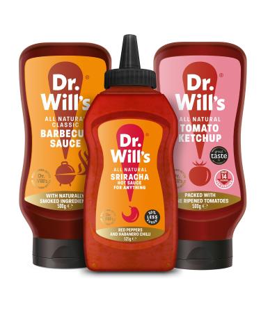 Dr Will's Sriracha Hot Sauce Natural Ketchup and BBQ Sauce Selection Pack | Gluten Free & Dairy Free - 500 g (Pack of 3) Variety Sauces 500 g (Pack of 3)