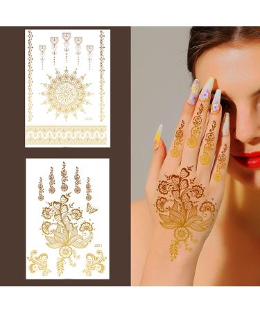 Xmasir 10 Sheets Gold Henna Tattoo Sticker - Temporary Metallic Glitter Tattoos for Women - Waterproof Indian Arabian Body Art Paint - Buy Online on SooperMarket.com