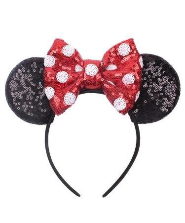 Mouse Ears Bow Headbands Shiny Bows Glitter Party Decoration Cosplay Costume for Kids Girls Women Princess Party Decorations Cosplay (Black+Red)) 3