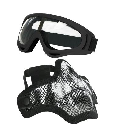 AOUTACC Airsoft Mask and Goggles, Skull Airsoft Half Face Mask Steel Mesh and Goggles Set for CS Paintball Shooting War Game Cosplay Black Skull