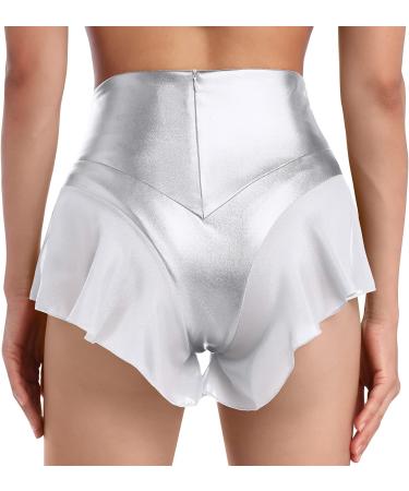 Women's Shiny Ruffle Dance Booty Shorts - High Waist Metallic Mini Hot Pants for Stage, Pole Dance, Yoga - Large Silver - Buy Online on SooperMarket.com