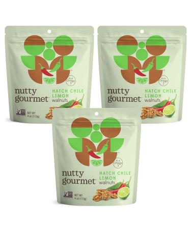 The Nutty Gourmet Hatched Chili Limon Walnuts - Fresh Gourmet Nuts - Keto Snacks - Heart Healthy - Farm Fresh - Flavored Walnuts (4oz - 3 Pack) Hatched Chili Limon 4 Ounce (Pack of 3)