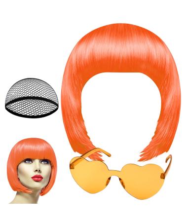 PLULON Orange Short Bob Wig and Sunglass Set Neon Short Bob Wig Sunglass Pack Costume Colorful Cosplay Wig Hairpieces for Bachelorette Neon Party Favors Halloween Decorations