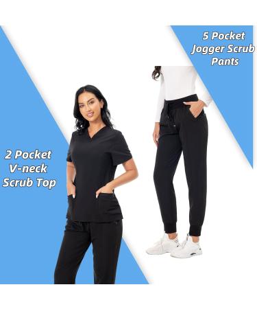PuriPure Women's Classic V-Neck Scrub Set - Black, Size Medium | Nurse Scrub Set with 7 Pockets and Jogger Pants - Buy Online on SooperMarket.com